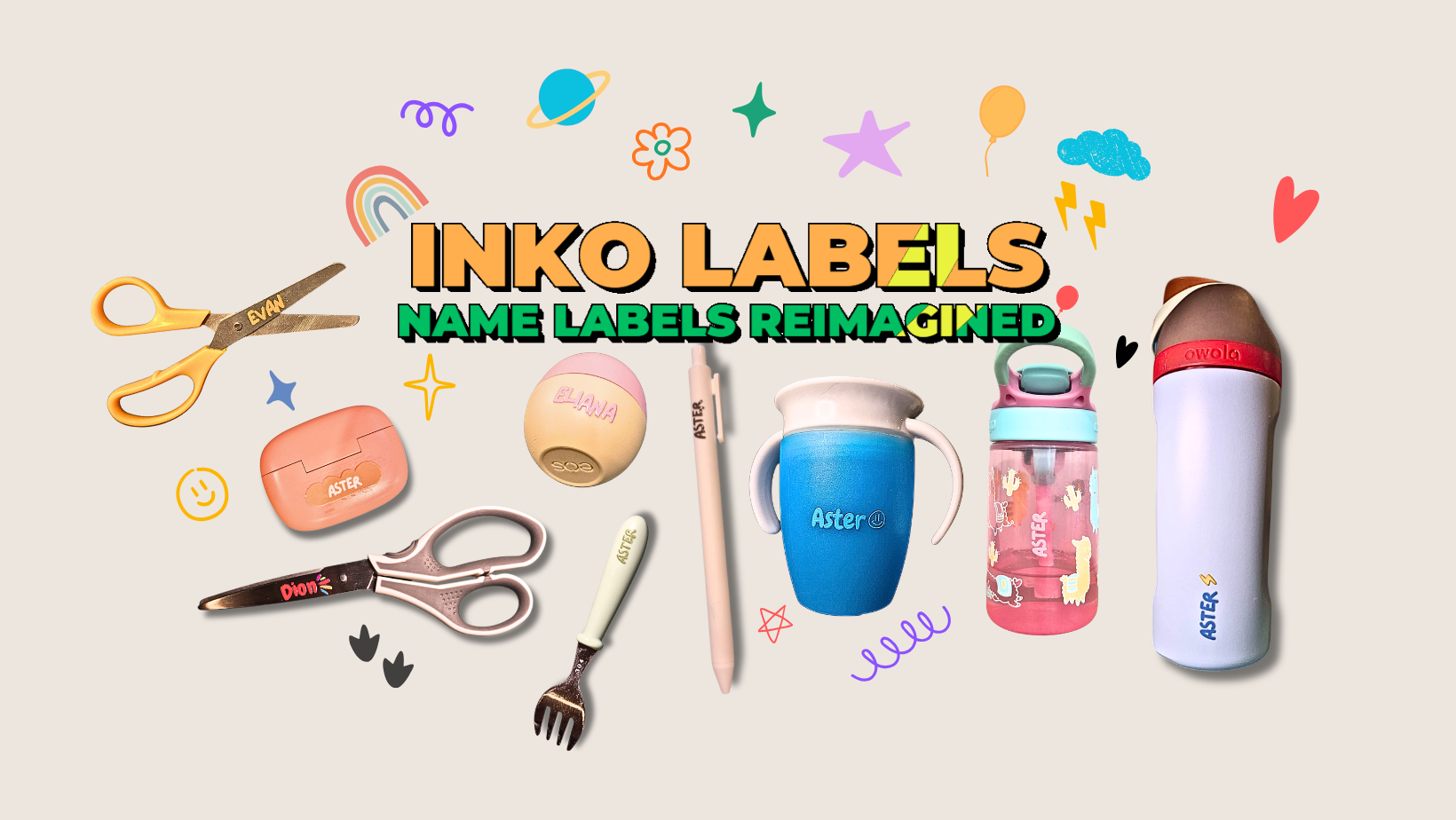 Inko Labels brand graphic featuring personalized 3D name decals on daycare and school gear including water bottles, sippy cups, and scissors.