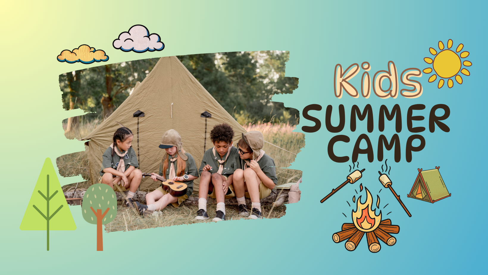 Kids Summer Camp graphic featuring children at a campsite for the Inko Labels Ontario gear packing checklist and daycare enrollment guide.