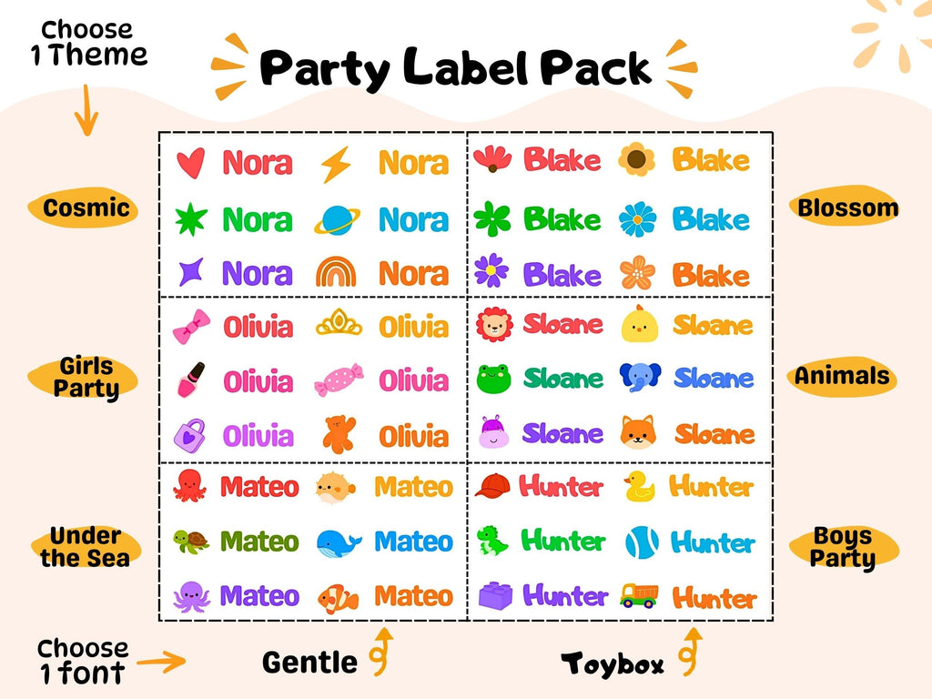 Colorful set of waterproof kids name labels with playful icons including hearts, stars, planets, flowers, and animals, designed for personalizing water bottles and lunchboxes