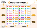 Colorful set of waterproof kids name labels with playful icons including hearts, stars, planets, flowers, and animals, designed for personalizing water bottles and lunchboxes