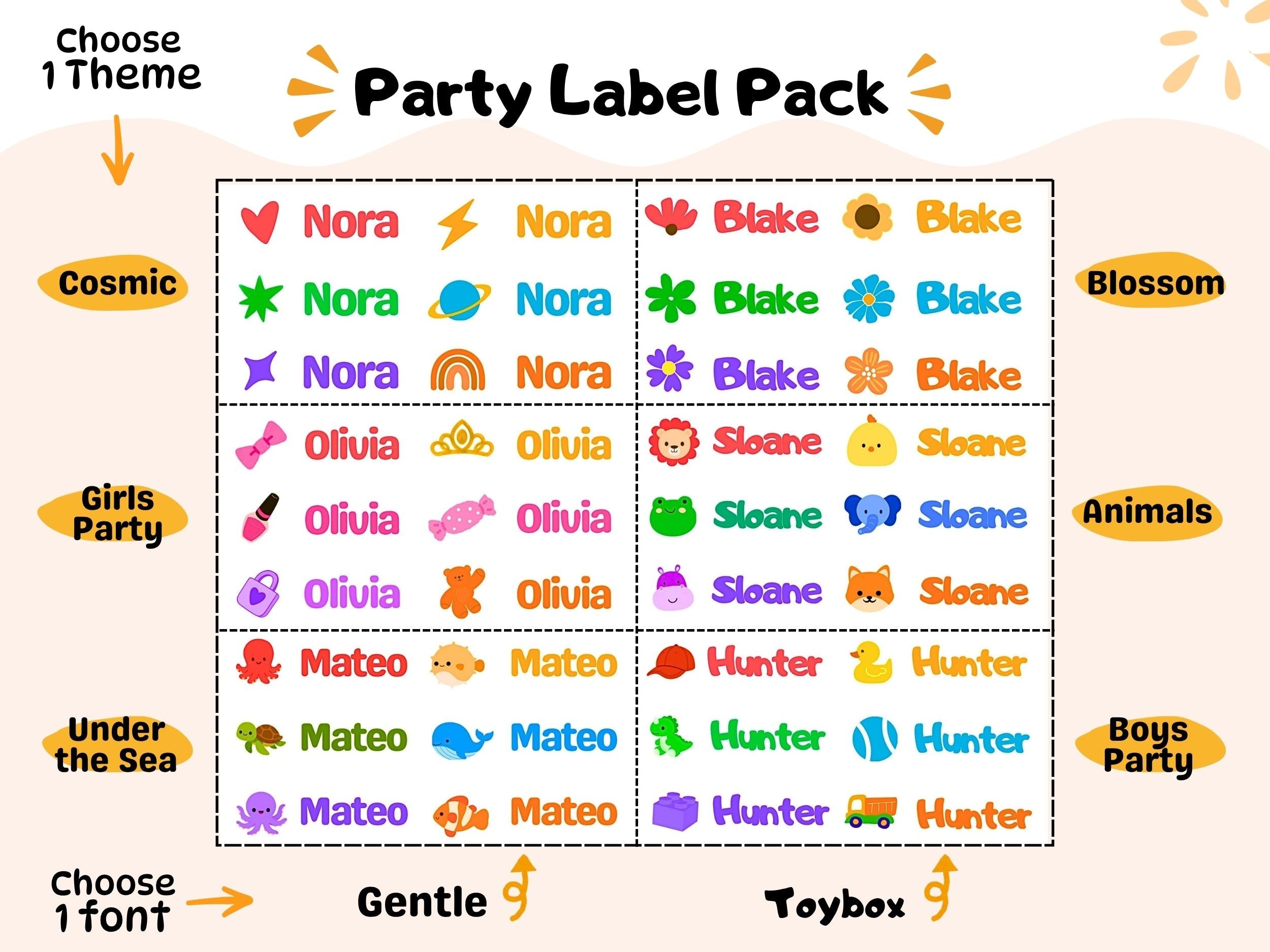 Colorful set of waterproof kids name labels with playful icons including hearts, stars, planets, flowers, and animals, designed for personalizing water bottles and lunchboxes