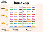 Colorful name labels in red, yellow, blue, green, purple, and brown with playful fonts for kids' belongings, waterproof and embossed