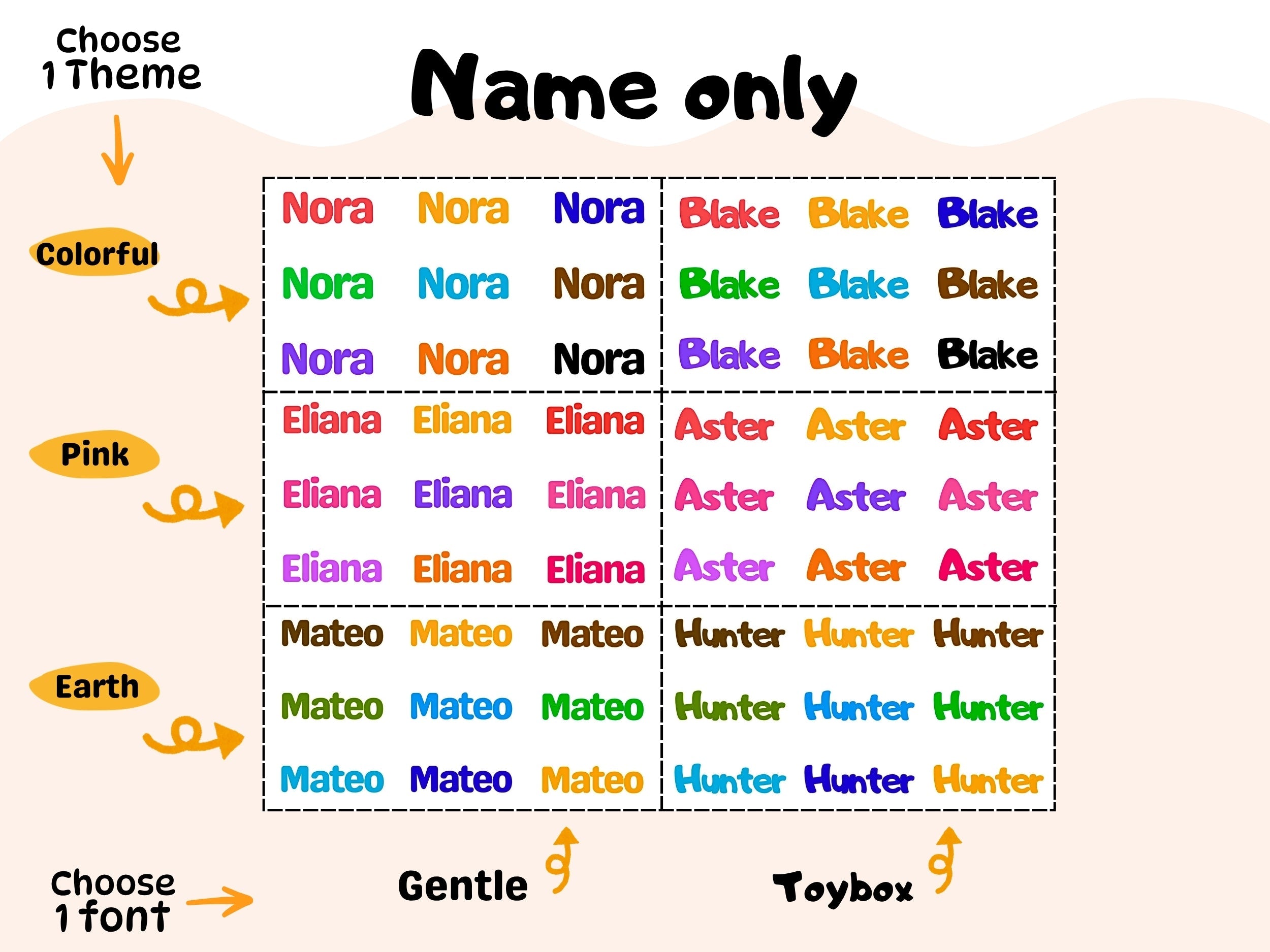 Colorful name labels in red, yellow, blue, green, purple, and brown with playful fonts for kids' belongings, waterproof and embossed