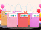Colorful set of waterproof kids name labels with white string loops, featuring names like Leni, Hunter, Aster, Mateo, Sloane, Blake in vibrant colors on pastel backgrounds