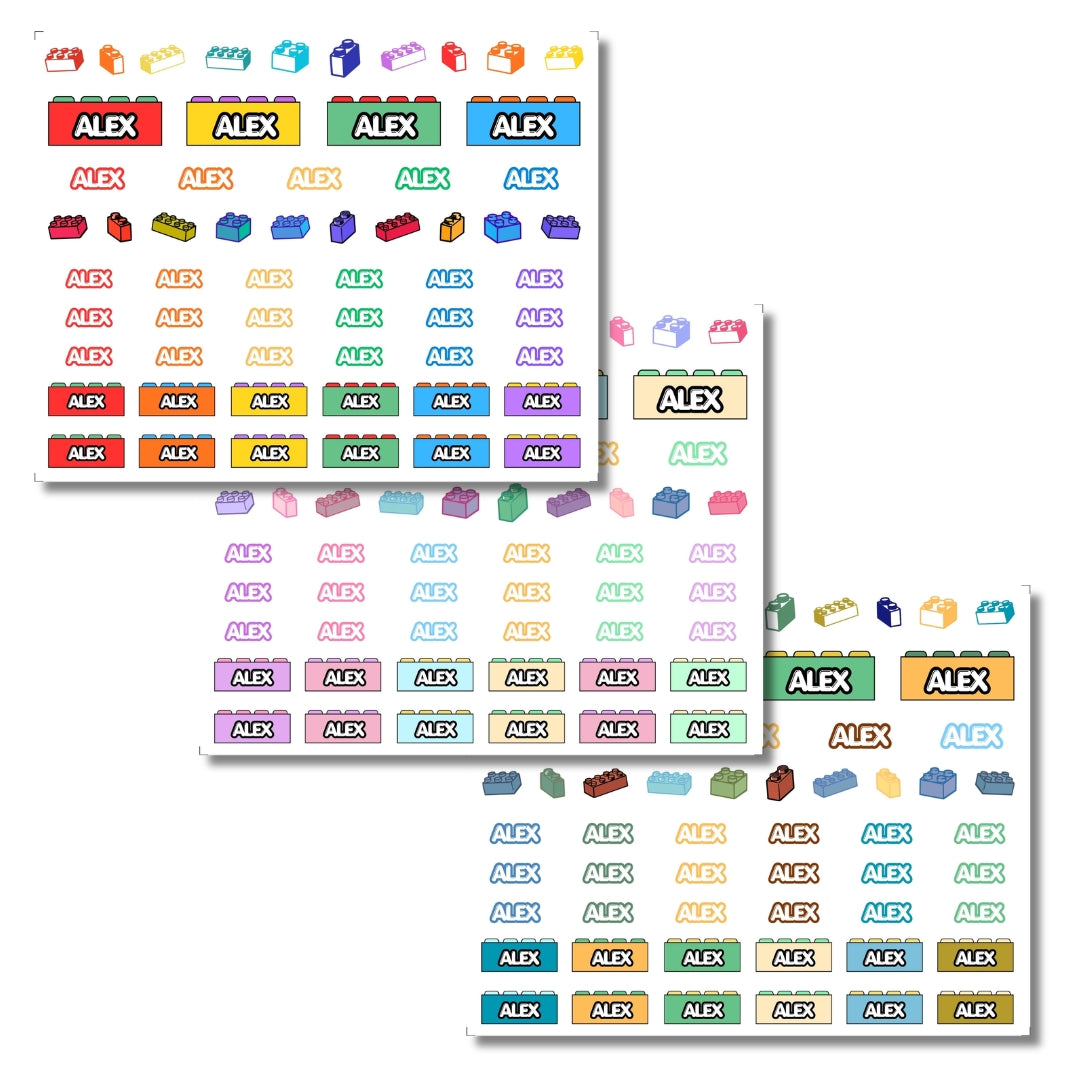 Building Block Theme Name Decal | Custom UV DTF Transfer | Waterproof Daycare Stickers for Toy Bins & Bottles