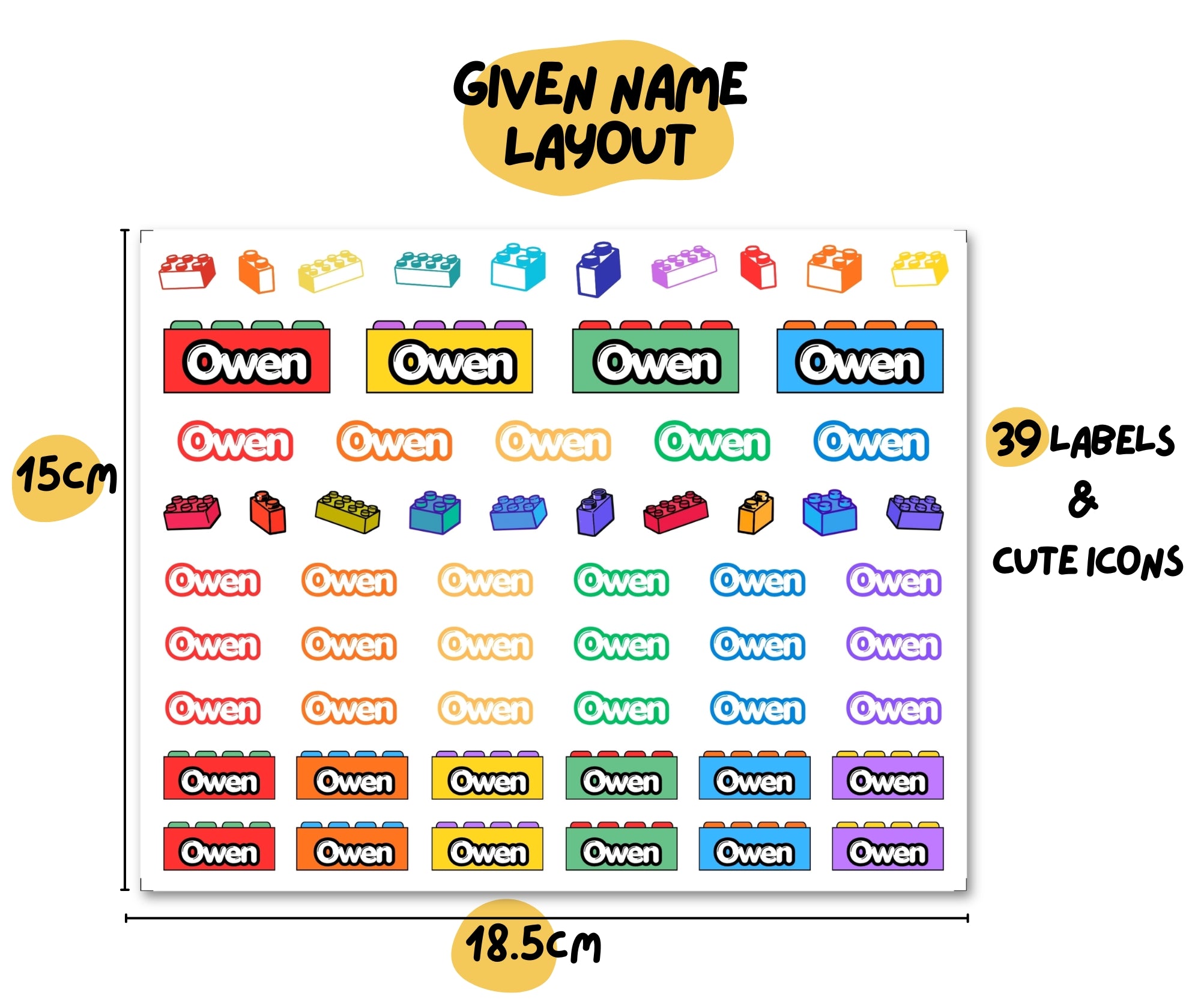 Building Block Theme Name Decal | Custom UV DTF Transfer | Waterproof Daycare Stickers for Toy Bins & Bottles