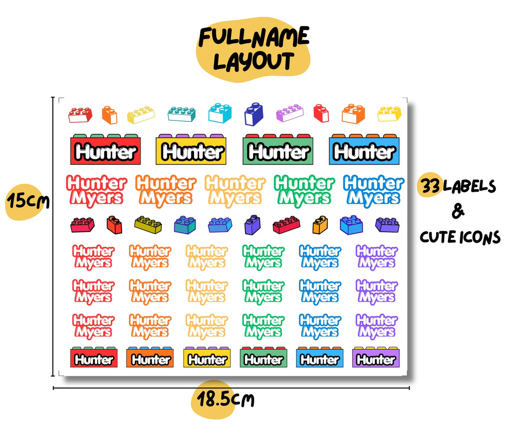 Building Block Theme Name Decal | Custom UV DTF Transfer | Waterproof Daycare Stickers for Toy Bins & Bottles