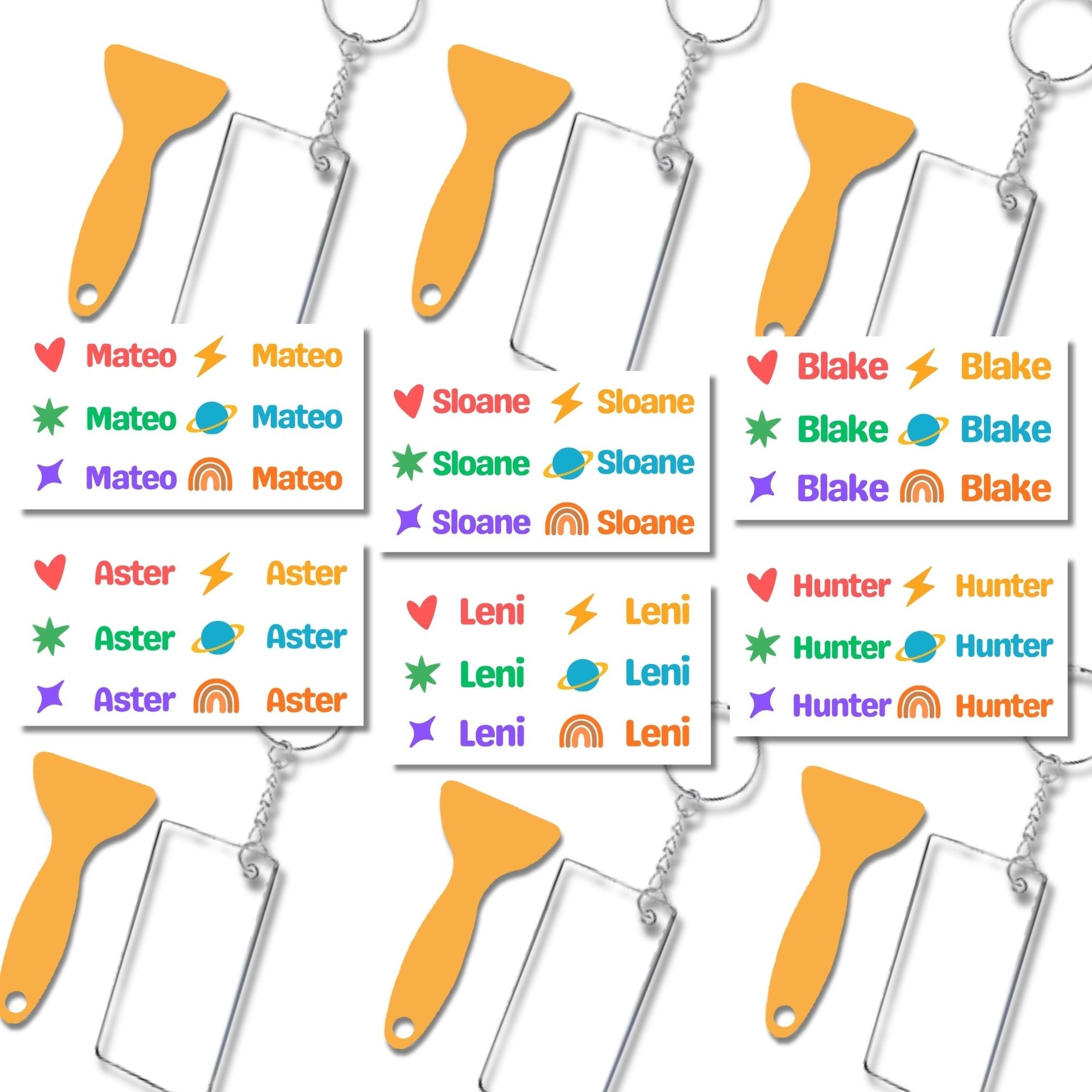 A collage of demonstration images showing colorful name labels being applied to various keychain using a small yellow squeegee.