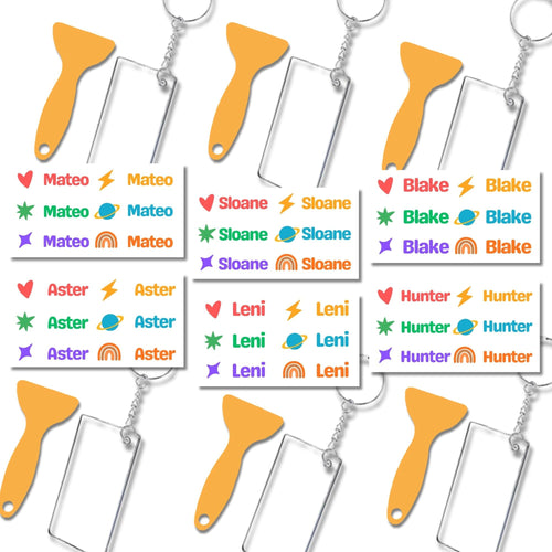 A collage of demonstration images showing colorful name labels being applied to various keychain using a small yellow squeegee.